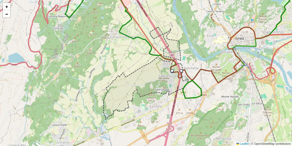Mappa dettagliata del trasporto pubblico a Salerano Canavese con linee autobus, tram e collegamenti