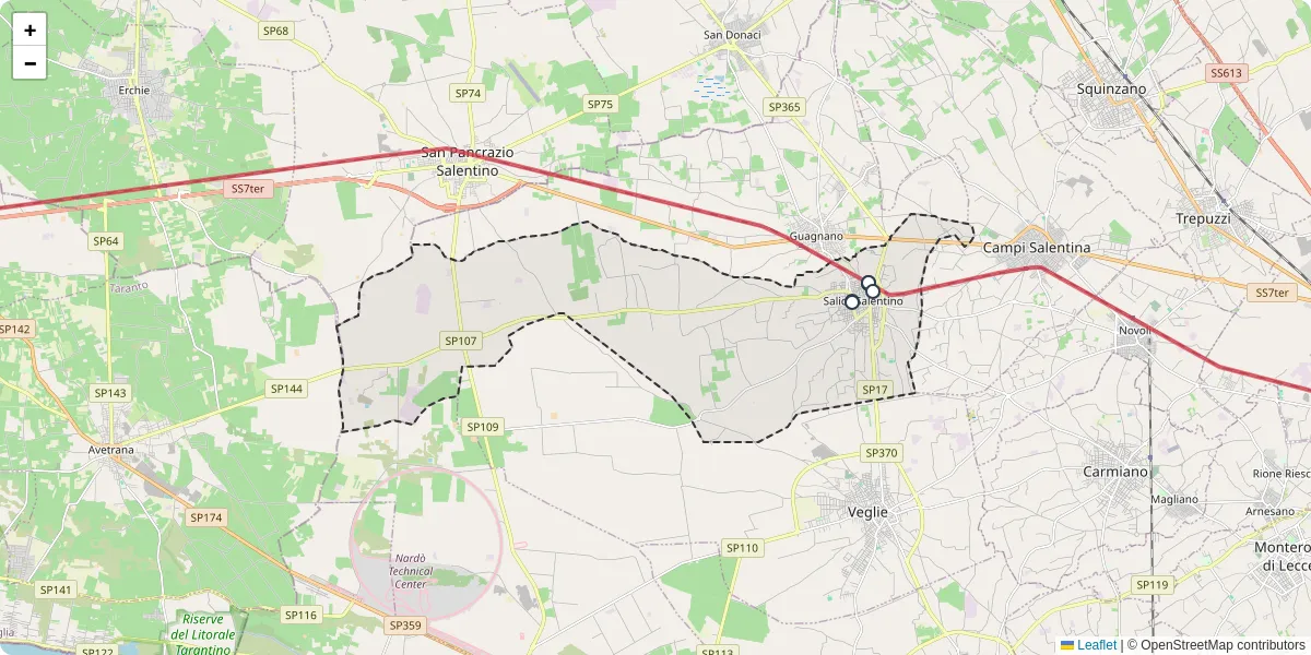 Mappa dettagliata del trasporto pubblico a Salice Salentino con linee autobus, tram e collegamenti