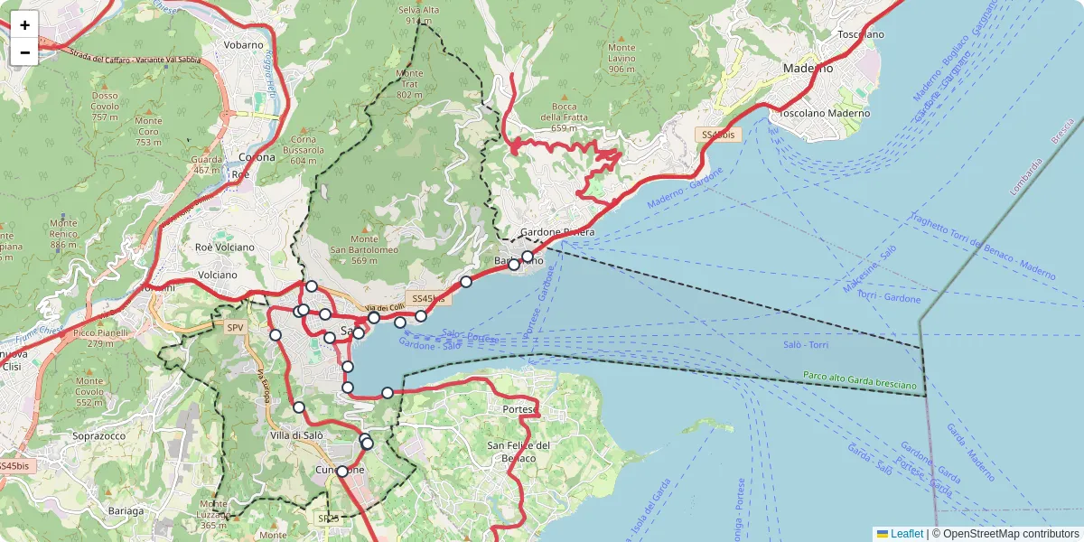 Mappa dettagliata del trasporto pubblico a Salò con linee autobus, tram e collegamenti