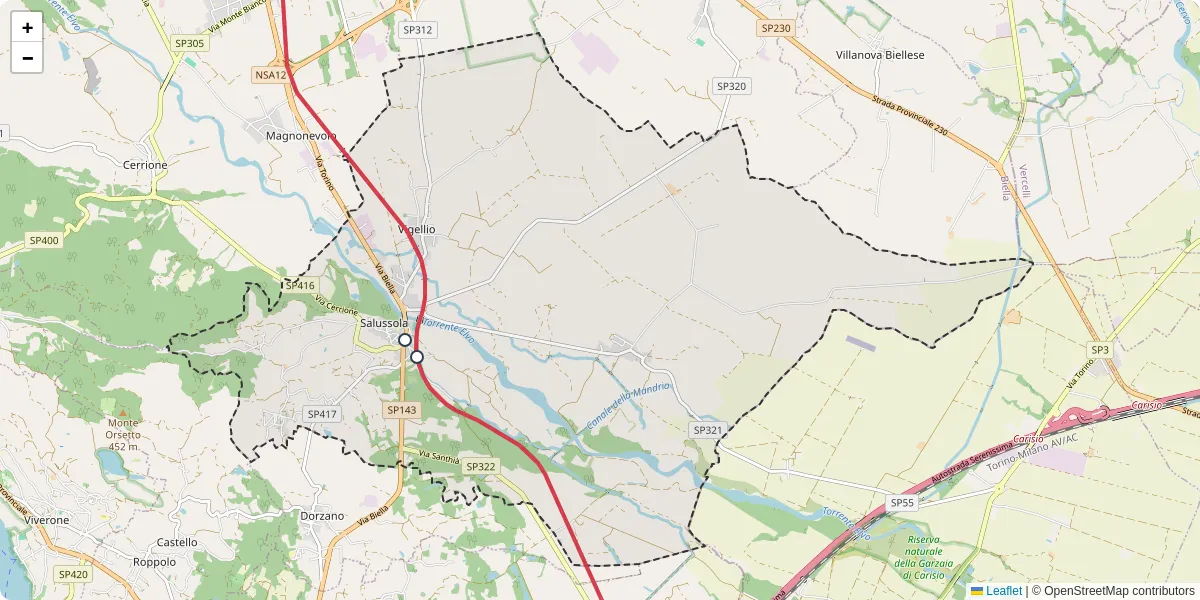Mappa dettagliata del trasporto pubblico a Salussola con linee autobus, tram e collegamenti