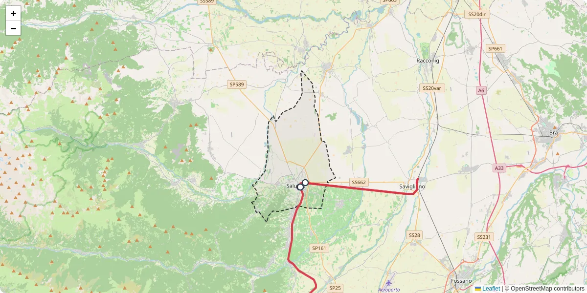 Mappa dettagliata del trasporto pubblico a Saluzzo con linee autobus, tram e collegamenti