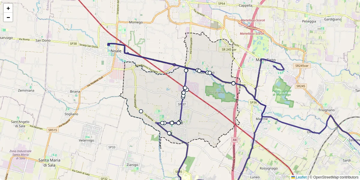 Mappa dettagliata del trasporto pubblico a Salzano con linee autobus, tram e collegamenti