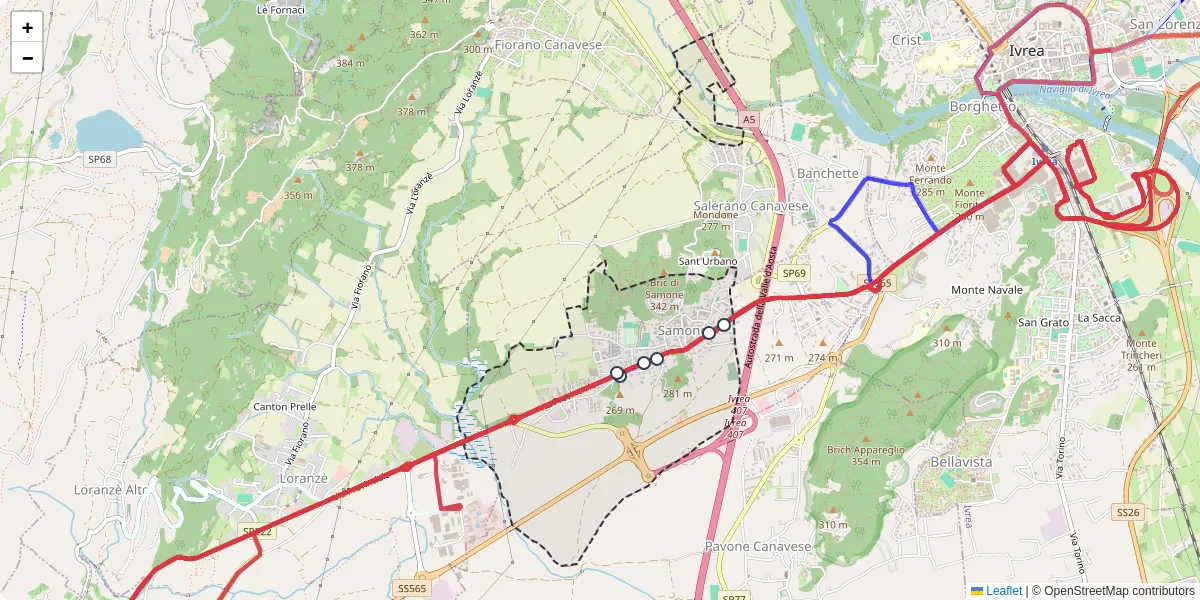 Mappa dettagliata del trasporto pubblico a Samone con linee autobus, tram e collegamenti