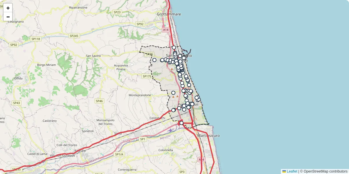 Mappa dettagliata del trasporto pubblico a San Benedetto del Tronto con linee autobus, tram e collegamenti