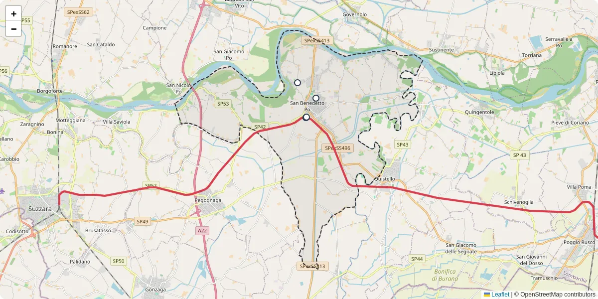 Mappa dettagliata del trasporto pubblico a San Benedetto Po con linee autobus, tram e collegamenti