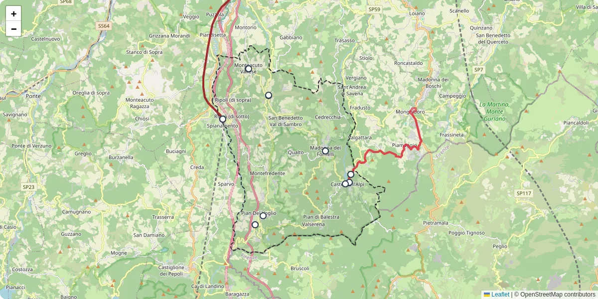 Mappa dettagliata del trasporto pubblico a San Benedetto Val di Sambro con linee autobus, tram e collegamenti