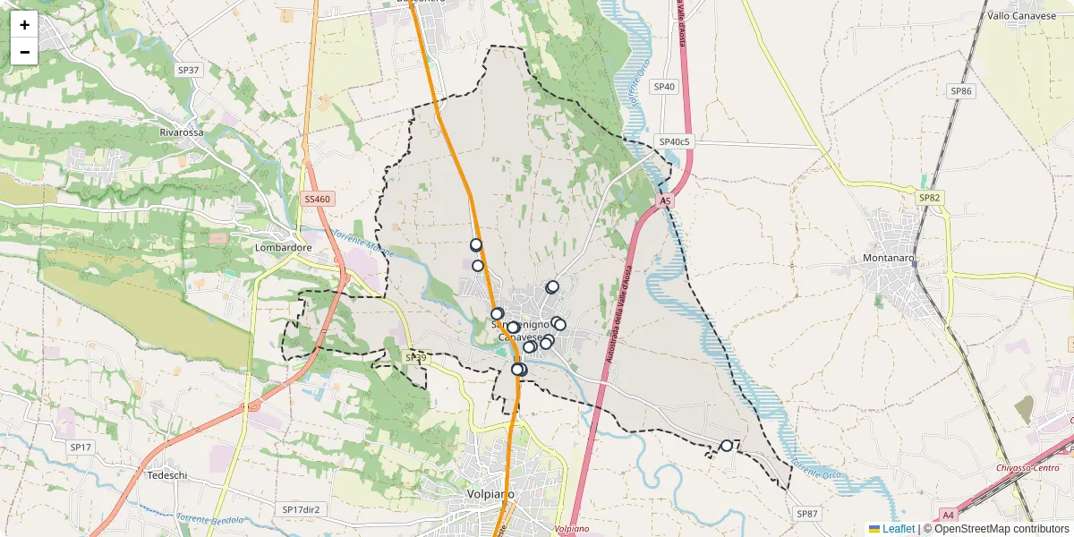 Mappa dettagliata del trasporto pubblico a San Benigno Canavese con linee autobus, tram e collegamenti