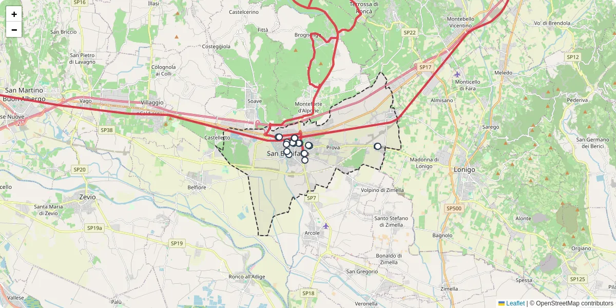 Mappa dettagliata del trasporto pubblico a San Bonifacio con linee autobus, tram e collegamenti