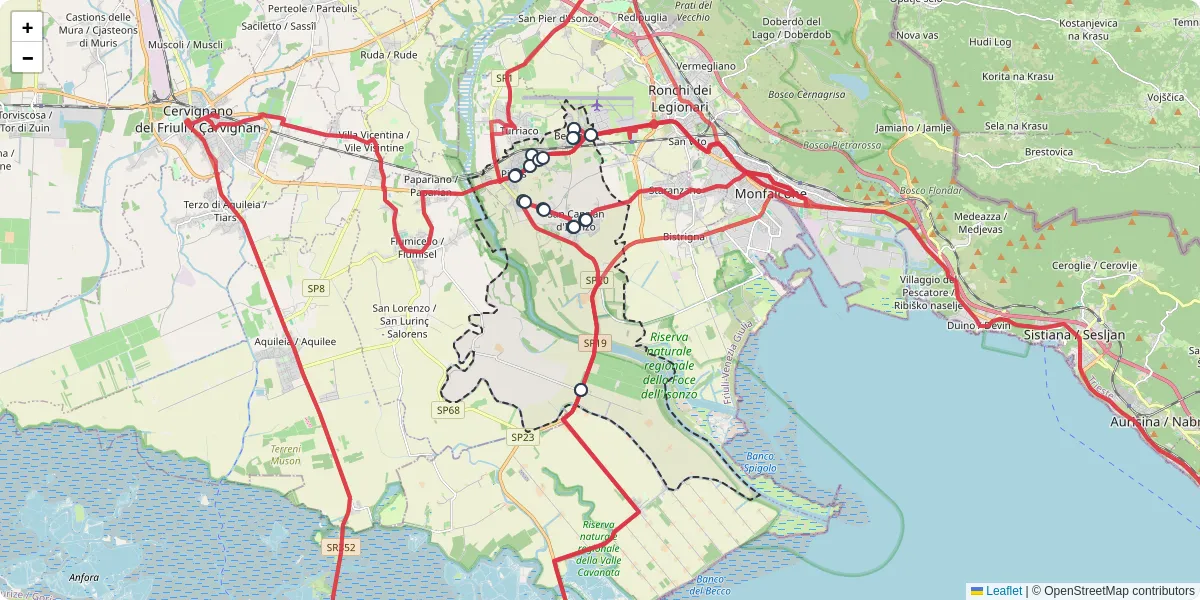 Mappa dettagliata del trasporto pubblico a San Canzian d'Isonzo con linee autobus, tram e collegamenti