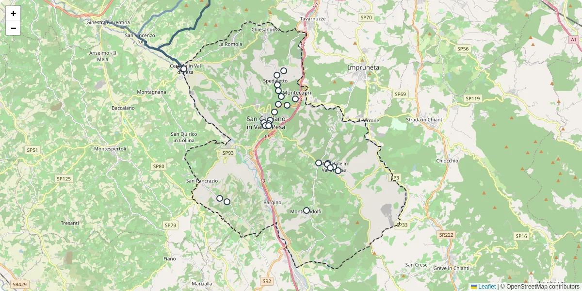 Mappa dettagliata del trasporto pubblico a San Casciano in Val di Pesa con linee autobus, tram e collegamenti