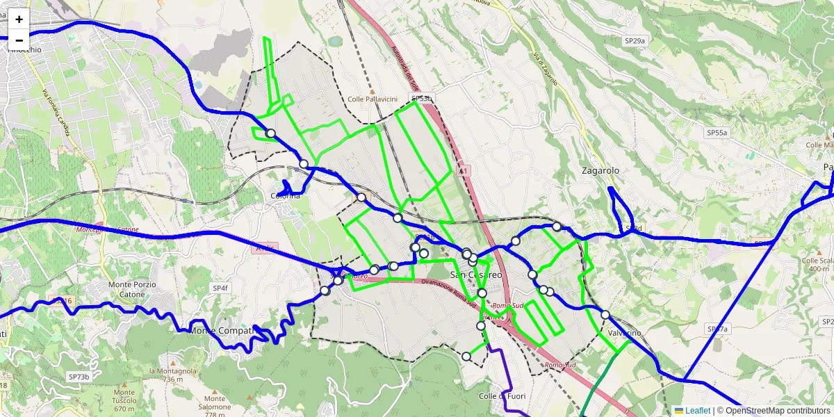 Mappa dettagliata del trasporto pubblico a San Cesareo con linee autobus, tram e collegamenti