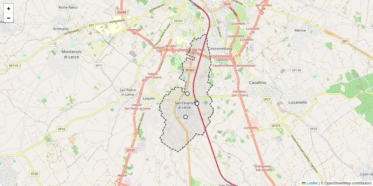 Mappa dettagliata del trasporto pubblico a San Cesario di Lecce con linee autobus, tram e collegamenti