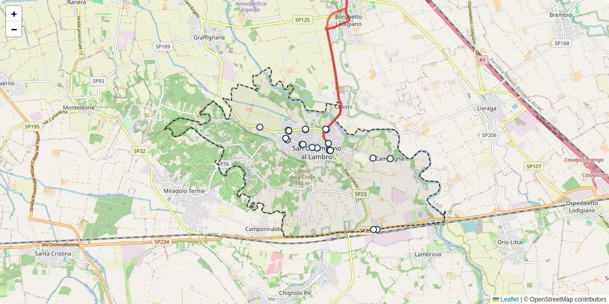 Mappa dettagliata del trasporto pubblico a San Colombano al Lambro con linee autobus, tram e collegamenti