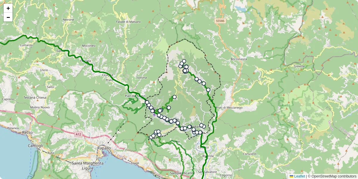 Mappa dettagliata del trasporto pubblico a San Colombano Certenoli con linee autobus, tram e collegamenti
