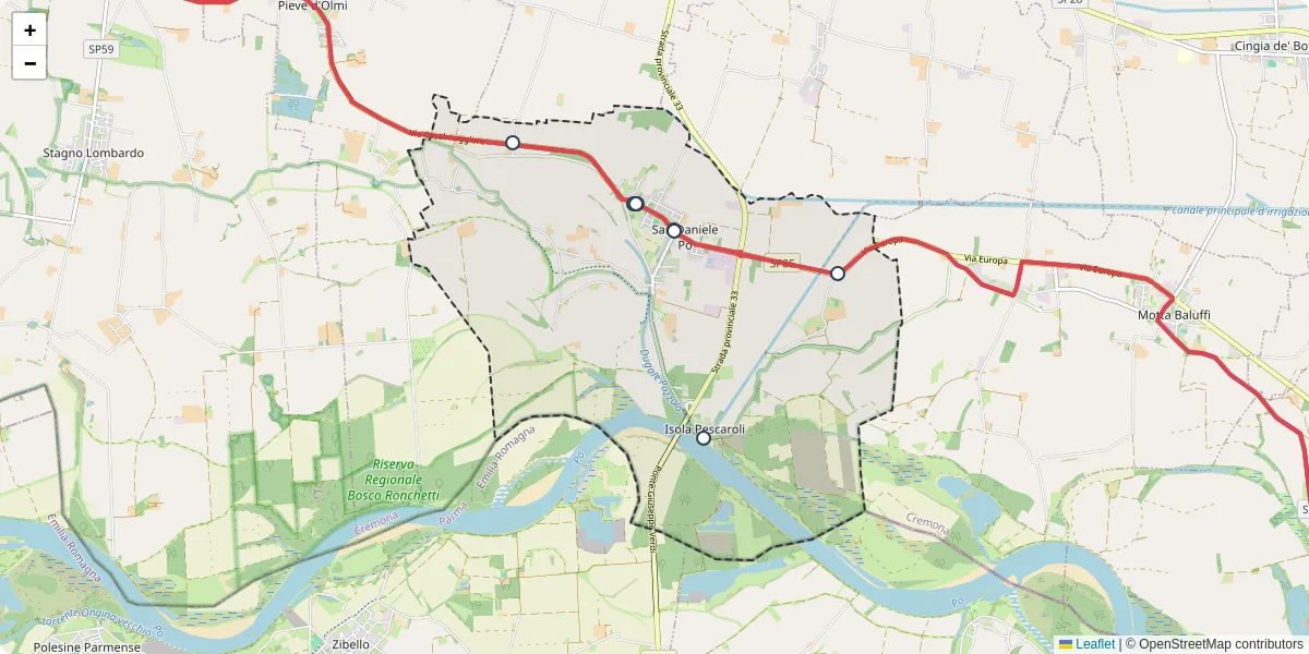 Mappa dettagliata del trasporto pubblico a San Daniele Po con linee autobus, tram e collegamenti