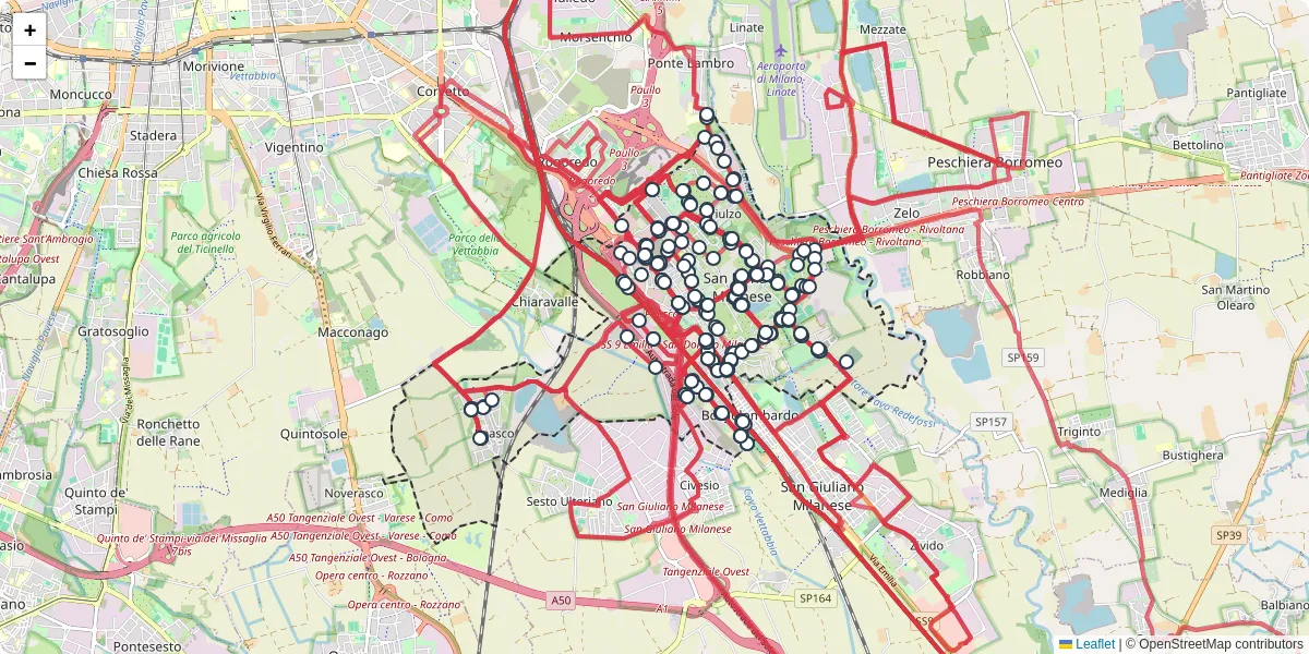 Mappa dettagliata del trasporto pubblico a San Donato Milanese con linee autobus, tram e collegamenti