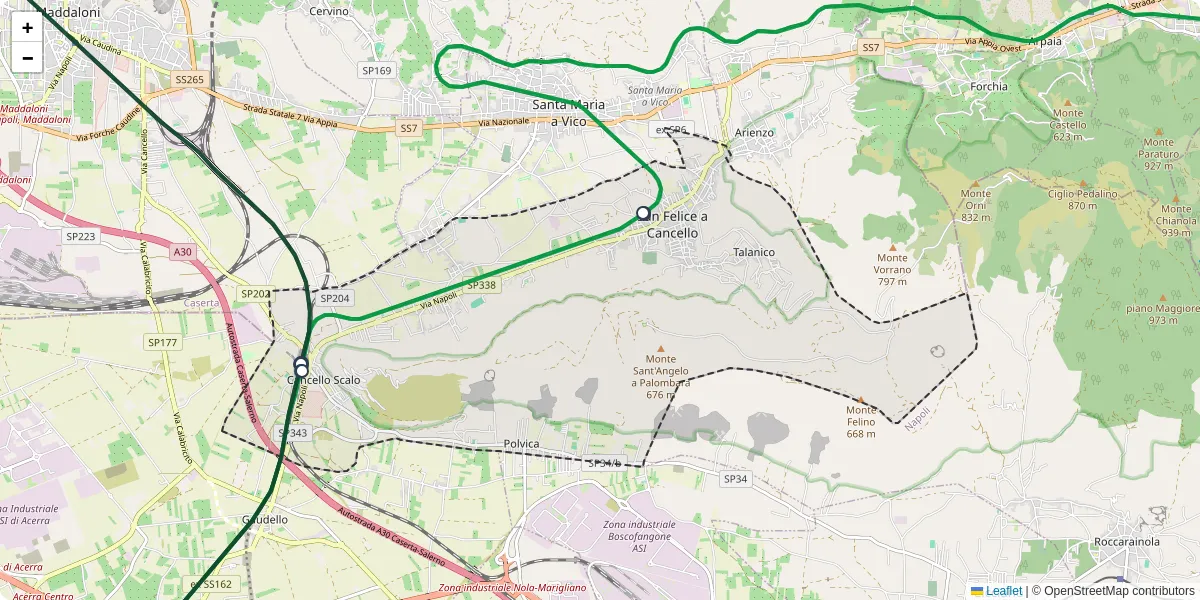 Mappa dettagliata del trasporto pubblico a San Felice a Cancello con linee autobus, tram e collegamenti