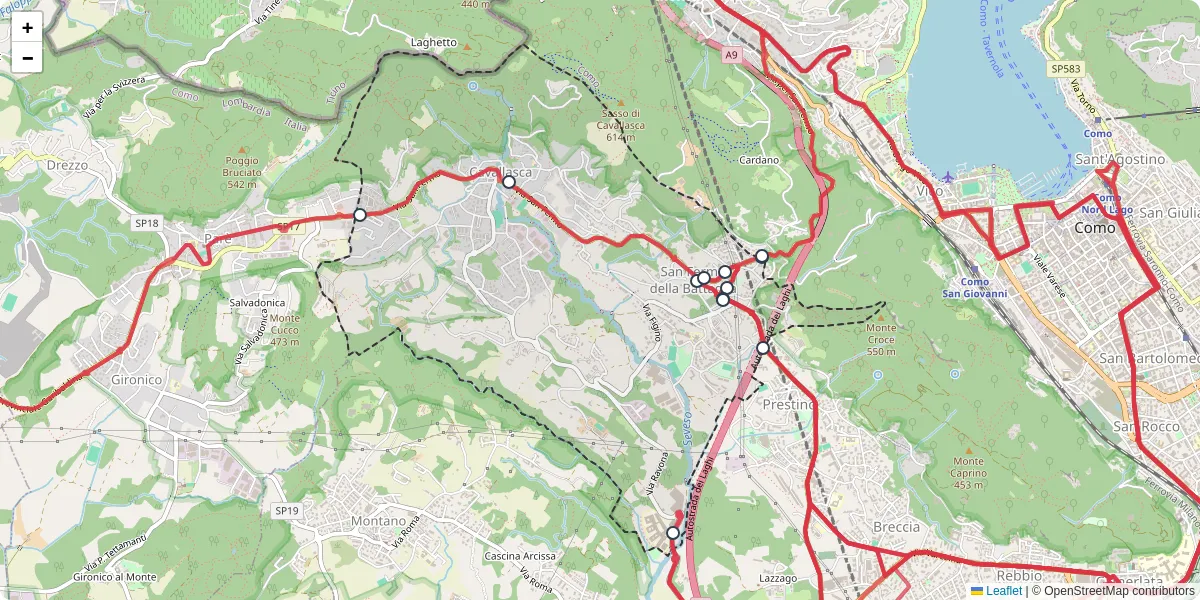 Mappa dettagliata del trasporto pubblico a San Fermo della Battaglia con linee autobus, tram e collegamenti