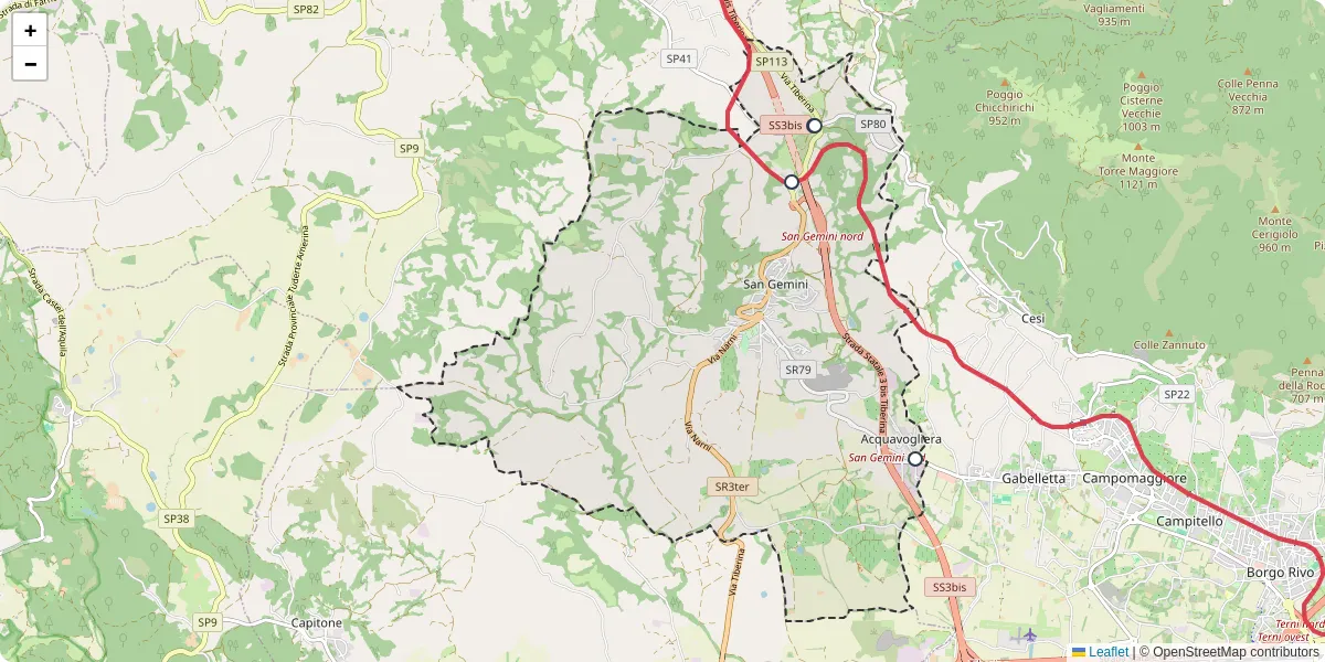 Mappa dettagliata del trasporto pubblico a San Gemini con linee autobus, tram e collegamenti