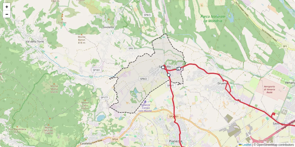 Mappa dettagliata del trasporto pubblico a San Gillio con linee autobus, tram e collegamenti