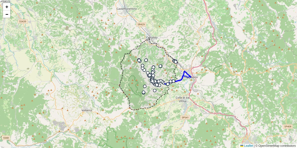Mappa dettagliata del trasporto pubblico a San Gimignano con linee autobus, tram e collegamenti