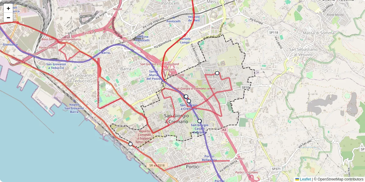 Mappa dettagliata del trasporto pubblico a San Giorgio a Cremano con linee autobus, tram e collegamenti
