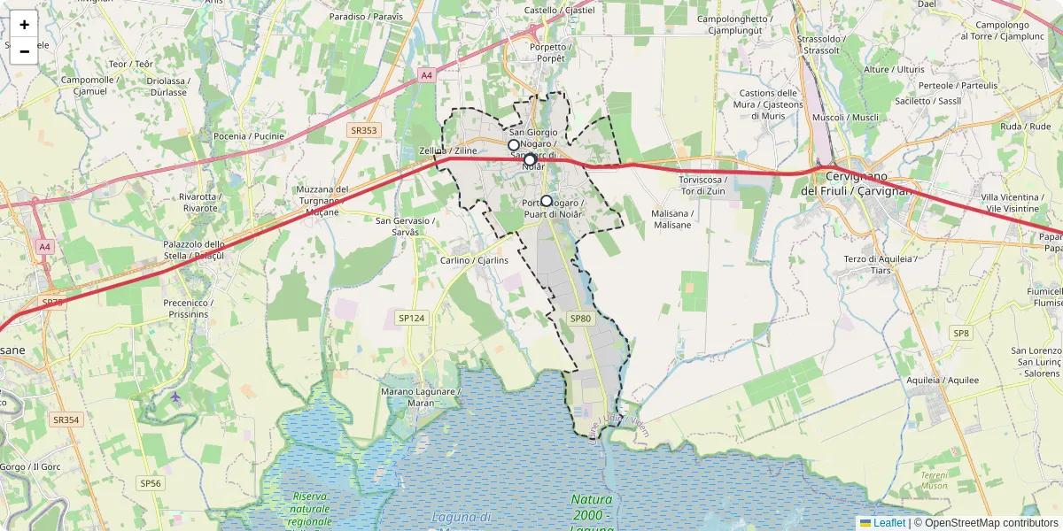 Mappa dettagliata del trasporto pubblico a San Giorgio di Nogaro / San Zorç di Noiâr con linee autobus, tram e collegamenti