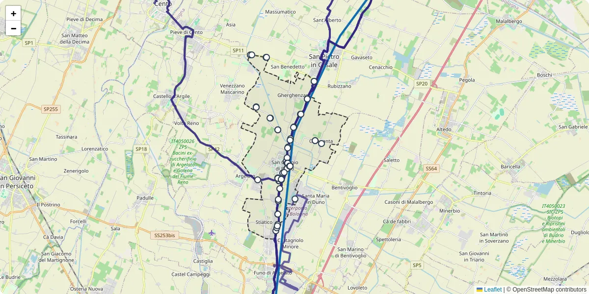 Mappa dettagliata del trasporto pubblico a San Giorgio di Piano con linee autobus, tram e collegamenti