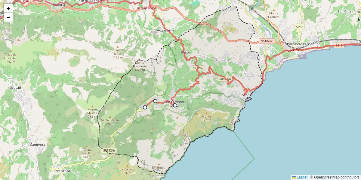 Mappa dettagliata del trasporto pubblico a San Giovanni a Piro con linee autobus, tram e collegamenti