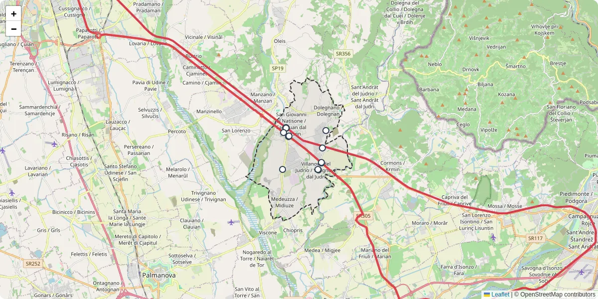 Mappa dettagliata del trasporto pubblico a San Giovanni al Natisone /  San Zuan dal Nadison con linee autobus, tram e collegamenti