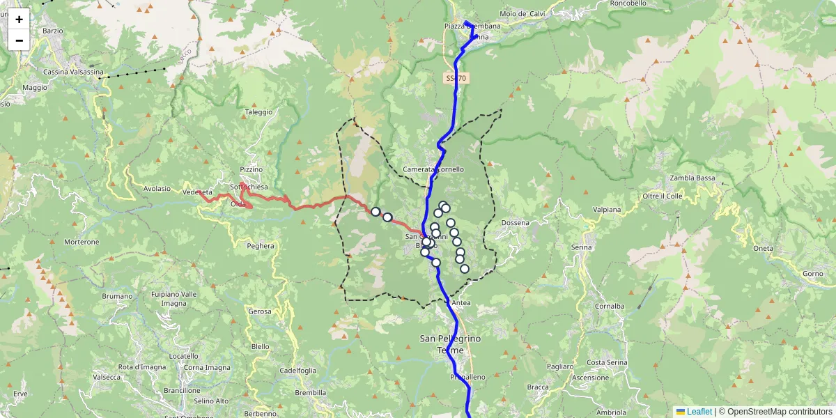 Mappa dettagliata del trasporto pubblico a San Giovanni Bianco con linee autobus, tram e collegamenti