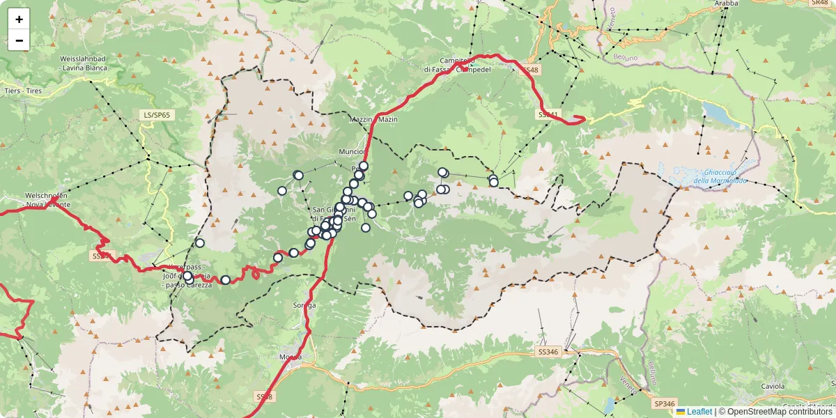 Mappa dettagliata del trasporto pubblico a San Giovanni di Fassa - Sèn Jan con linee autobus, tram e collegamenti