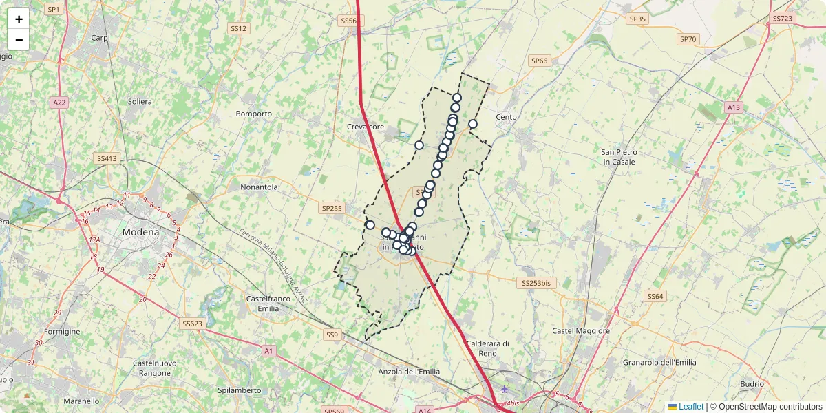 Mappa dettagliata del trasporto pubblico a San Giovanni in Persiceto con linee autobus, tram e collegamenti