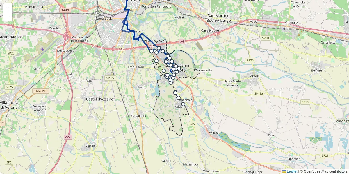 Mappa dettagliata del trasporto pubblico a San Giovanni Lupatoto con linee autobus, tram e collegamenti
