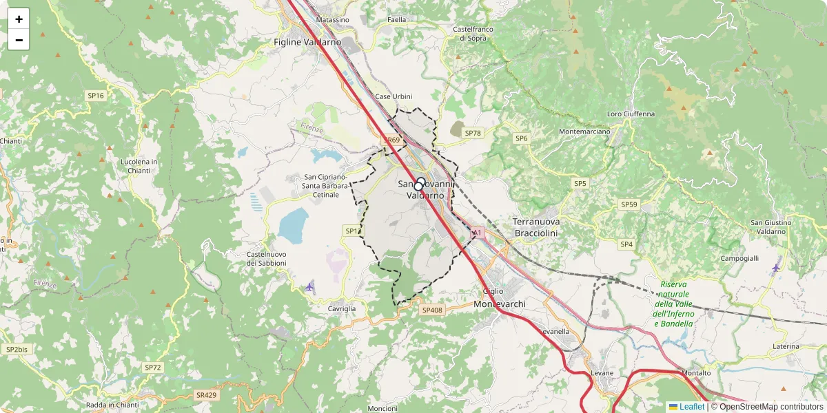 Mappa dettagliata del trasporto pubblico a San Giovanni Valdarno con linee autobus, tram e collegamenti