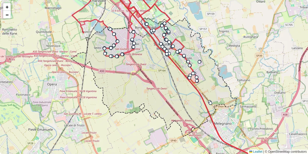 Mappa dettagliata del trasporto pubblico a San Giuliano Milanese con linee autobus, tram e collegamenti