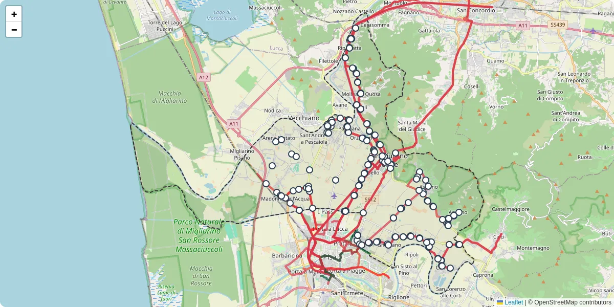 Mappa dettagliata del trasporto pubblico a San Giuliano Terme con linee autobus, tram e collegamenti