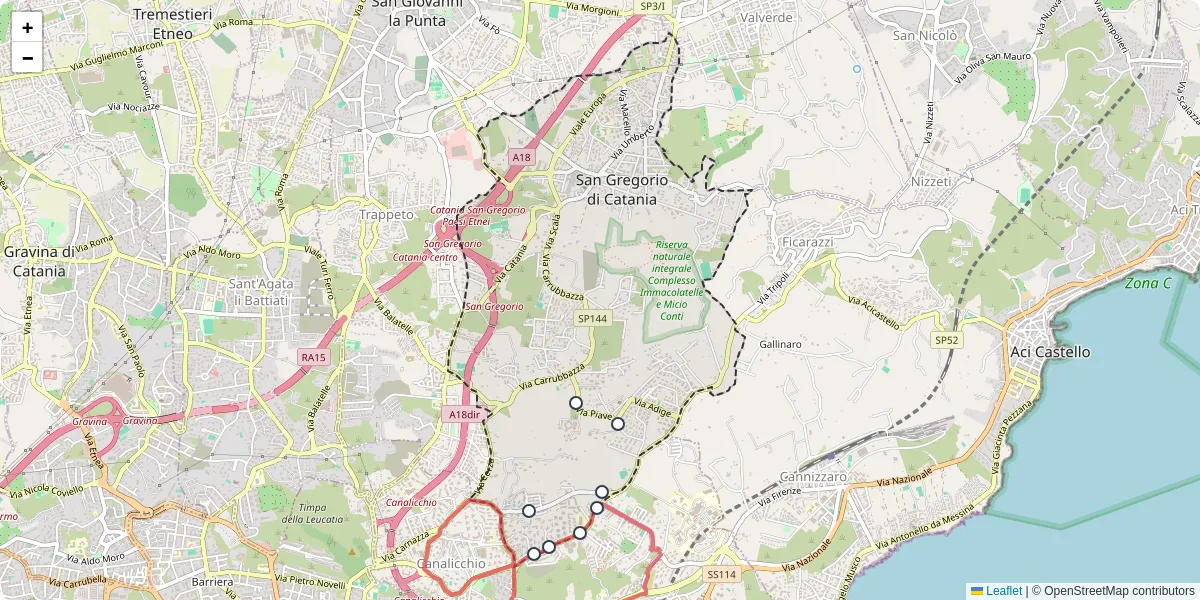Mappa dettagliata del trasporto pubblico a San Gregorio di Catania con linee autobus, tram e collegamenti