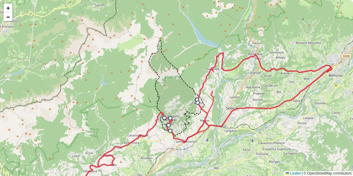 Mappa dettagliata del trasporto pubblico a San Gregorio nelle Alpi con linee autobus, tram e collegamenti