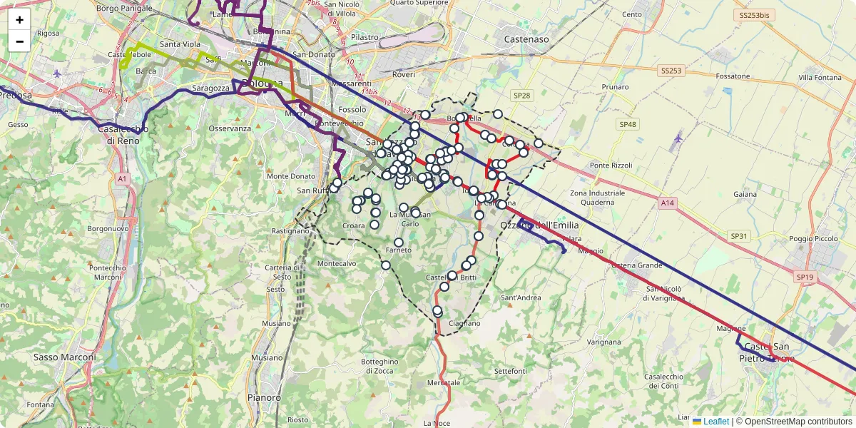 Mappa dettagliata del trasporto pubblico a San Lazzaro di Savena con linee autobus, tram e collegamenti
