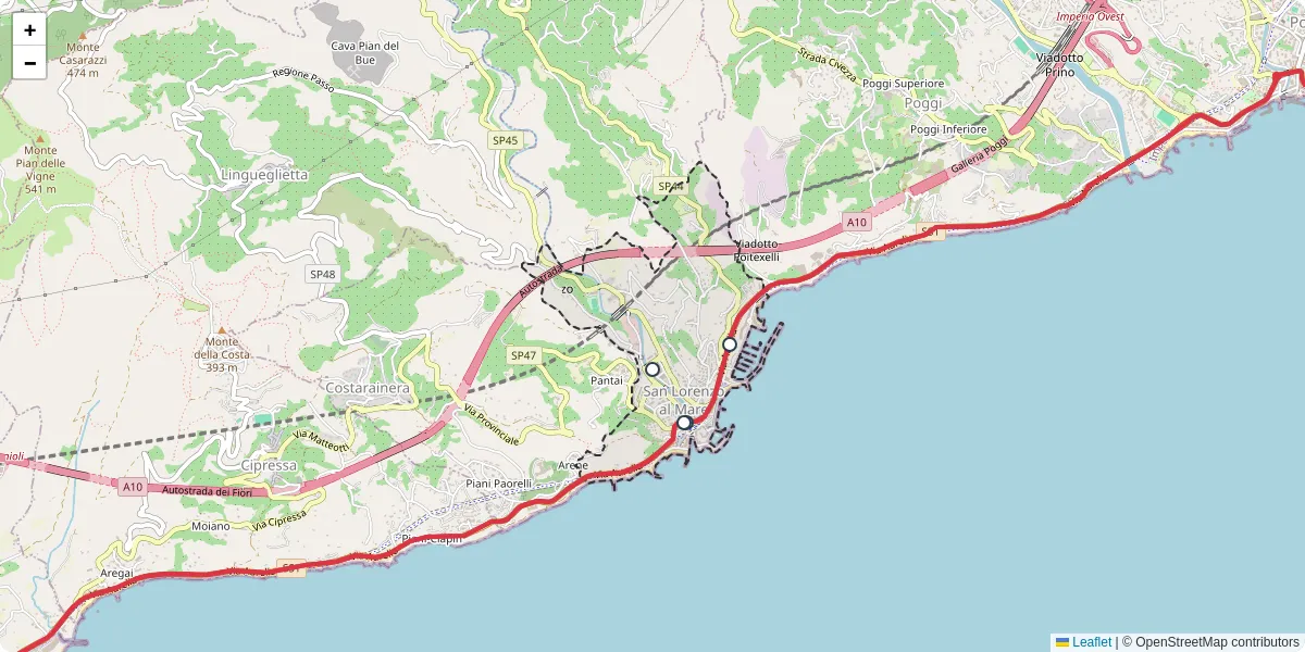 Mappa dettagliata del trasporto pubblico a San Lorenzo al Mare con linee autobus, tram e collegamenti