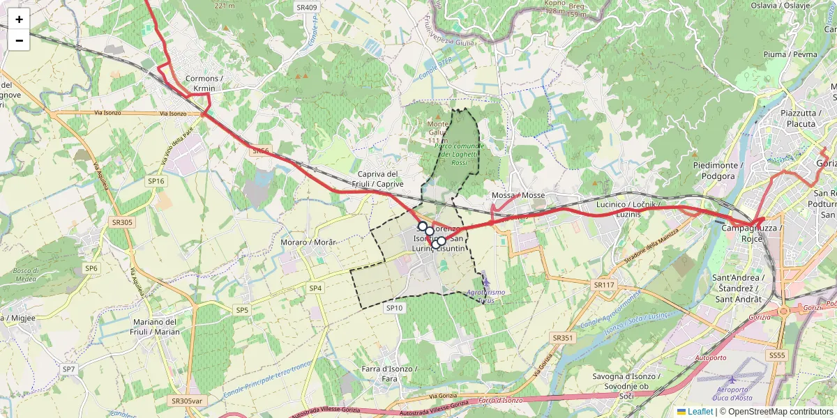 Mappa dettagliata del trasporto pubblico a San Lorenzo Isontino / San Lurinç Lisuntin con linee autobus, tram e collegamenti