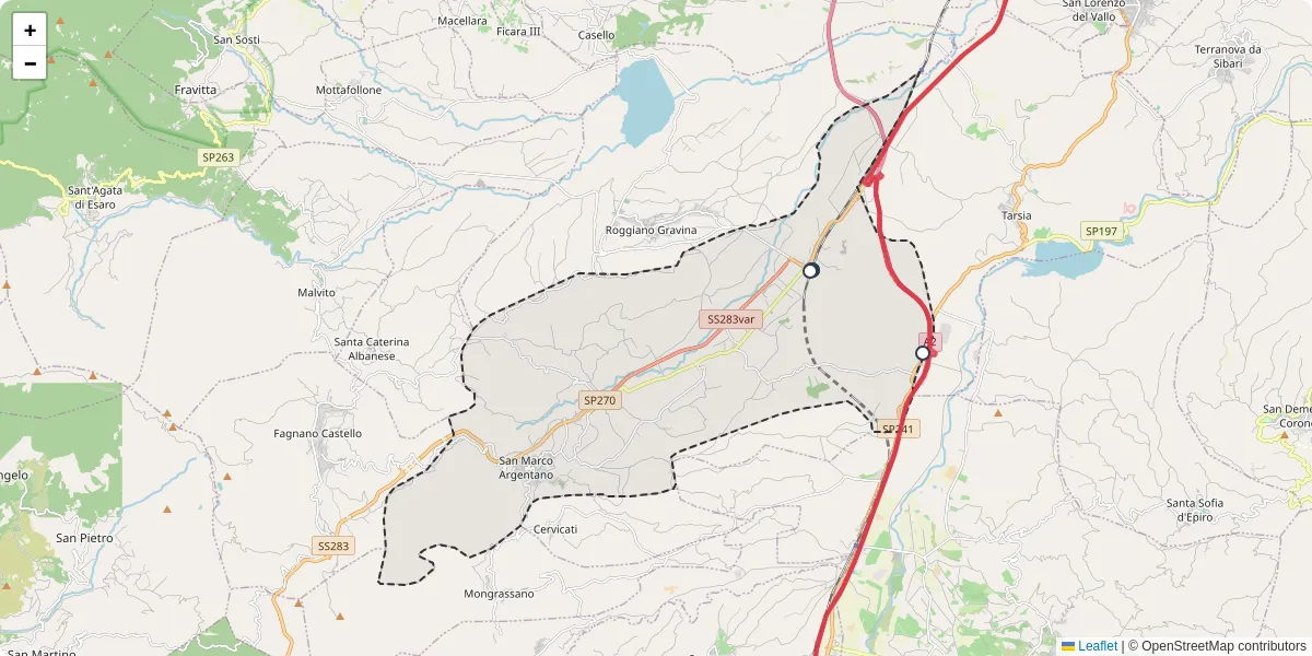 Mappa dettagliata del trasporto pubblico a San Marco Argentano con linee autobus, tram e collegamenti