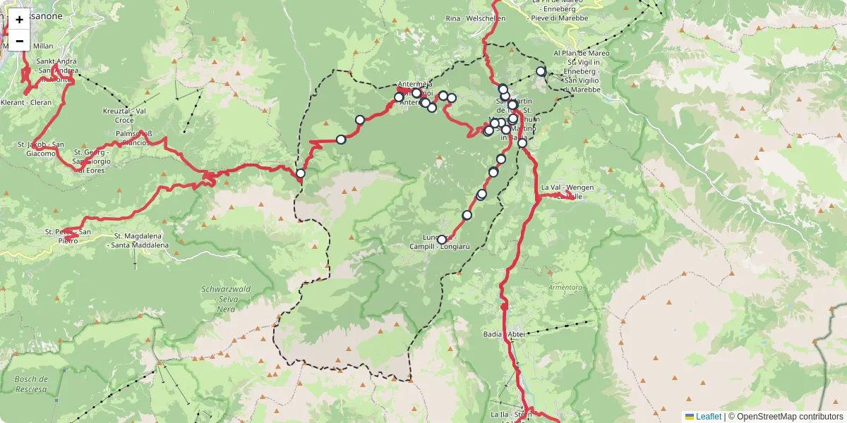Mappa dettagliata del trasporto pubblico a San Martin de Tor - San Martino in Badia - St. Martin in Thurn con linee autobus, tram e collegamenti