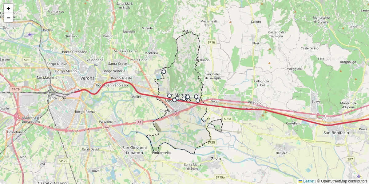 Mappa dettagliata del trasporto pubblico a San Martino Buon Albergo con linee autobus, tram e collegamenti