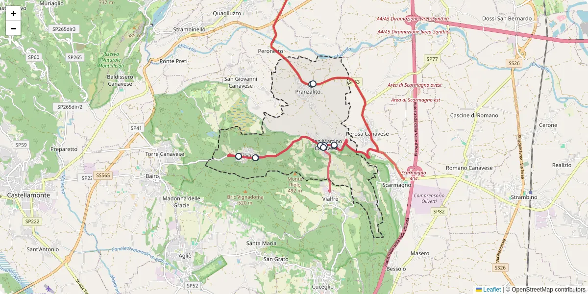 Mappa dettagliata del trasporto pubblico a San Martino Canavese con linee autobus, tram e collegamenti
