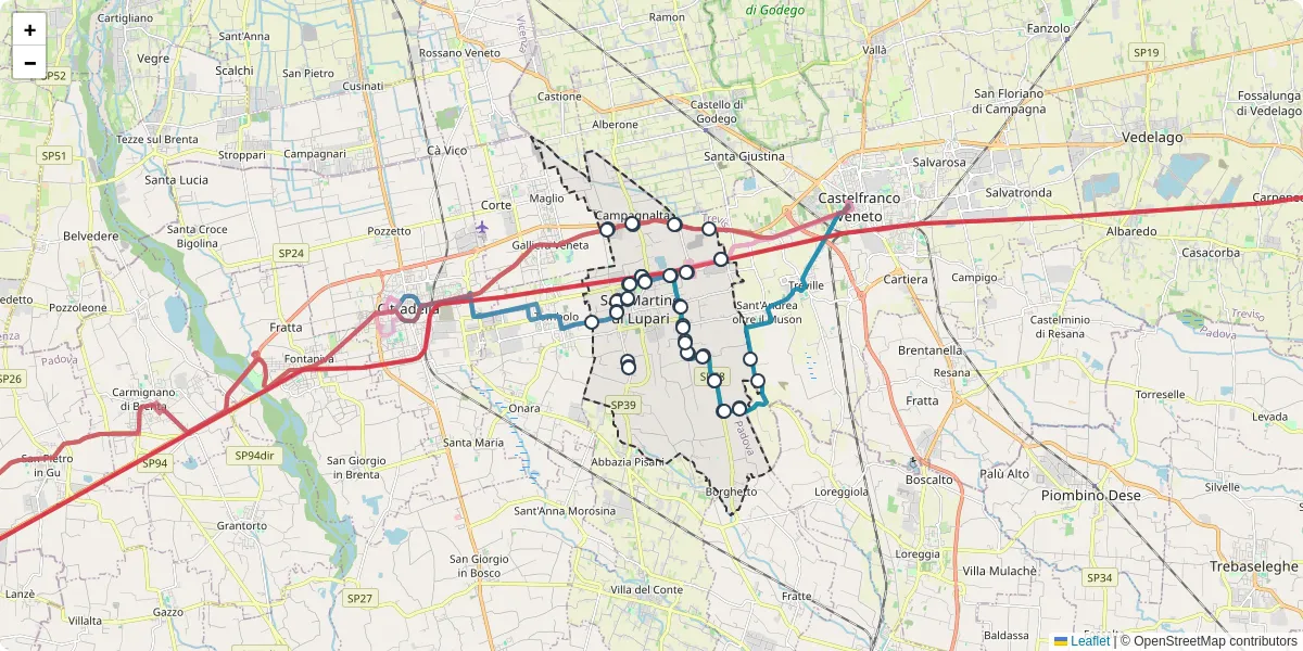 Mappa dettagliata del trasporto pubblico a San Martino di Lupari con linee autobus, tram e collegamenti