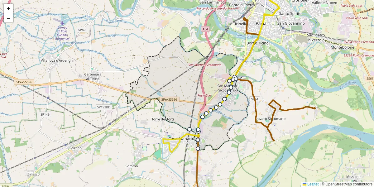 Mappa dettagliata del trasporto pubblico a San Martino Siccomario con linee autobus, tram e collegamenti