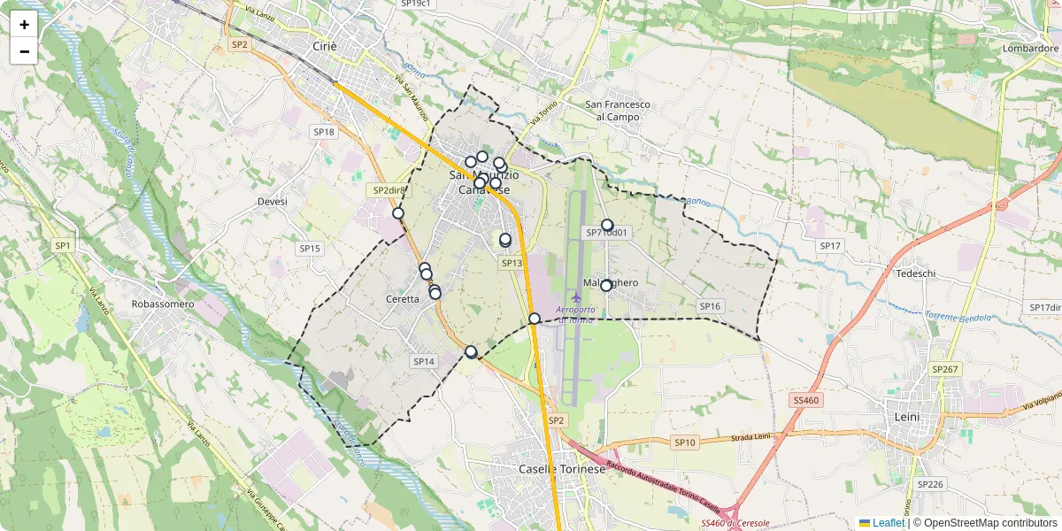 Mappa dettagliata del trasporto pubblico a San Maurizio Canavese con linee autobus, tram e collegamenti