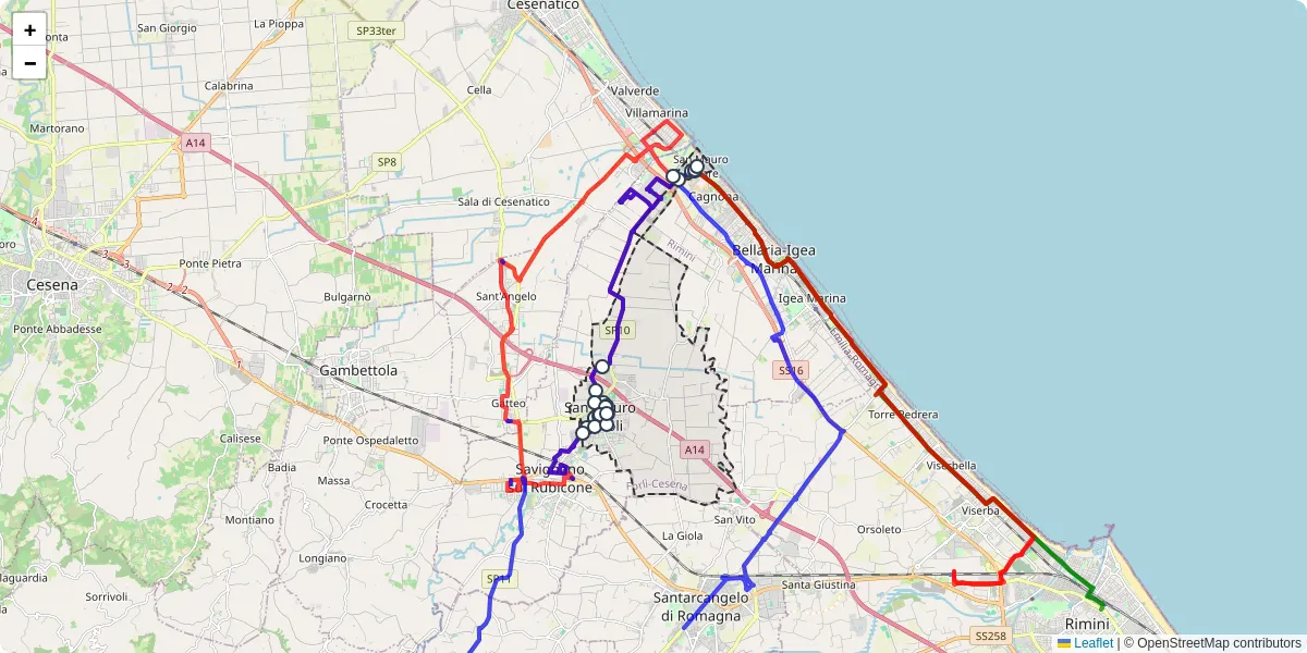Mappa dettagliata del trasporto pubblico a San Mauro Pascoli con linee autobus, tram e collegamenti